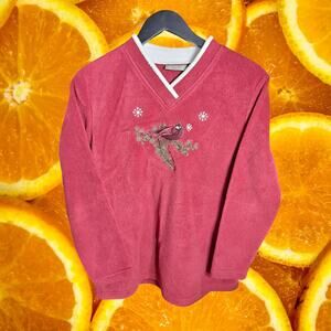 Croft & Barrow Fleece Woodpecker Embroidered Christmas‎ V-Neck Sweater Size PM